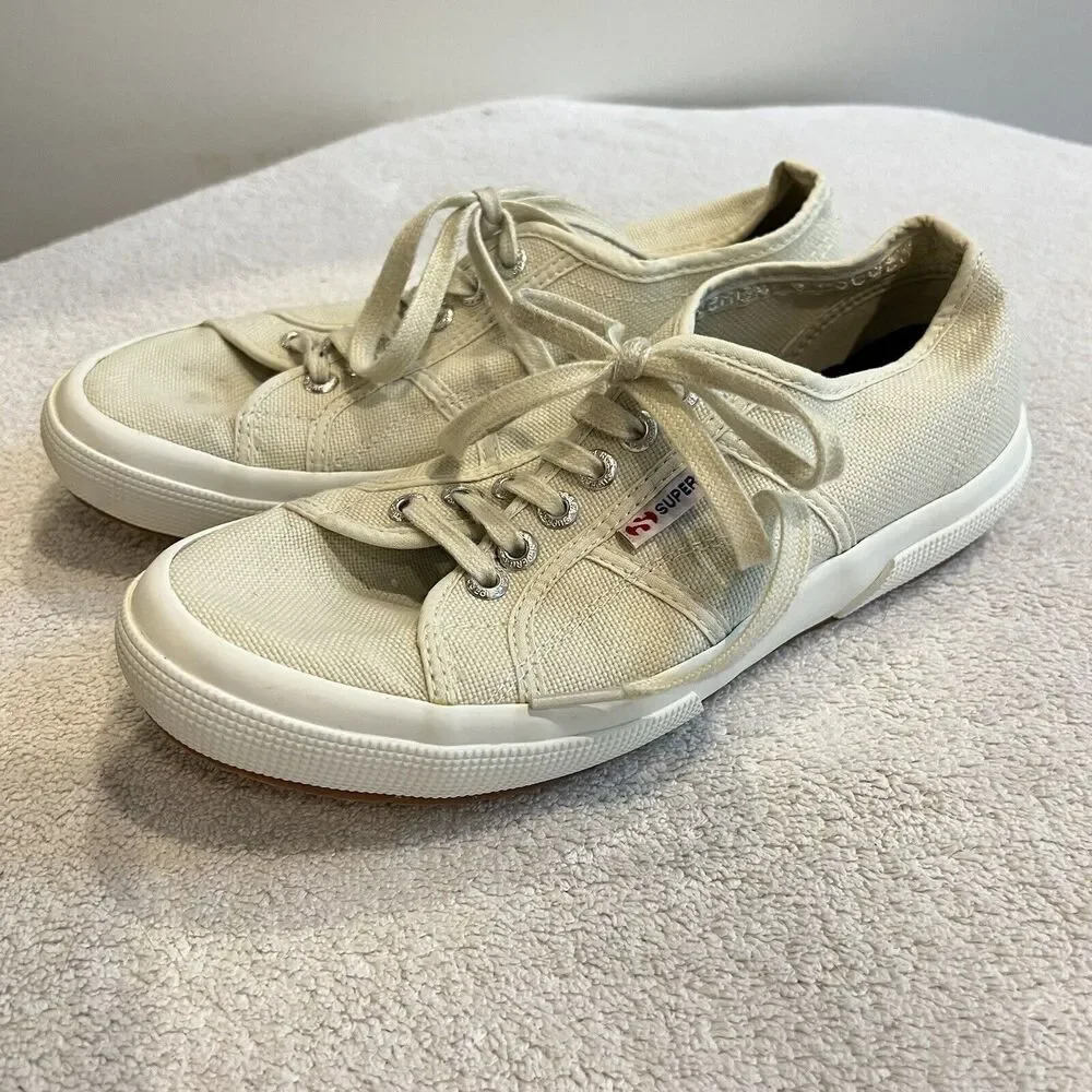 Superga Women Ivory Canvas Classic Sneaker 39.5/8 2750 Cotu Flat Shoe *Run Small